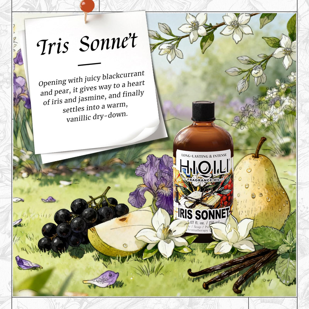 Close up of HIQILI Iris Sonnet fragrance oil highlighting rich notes