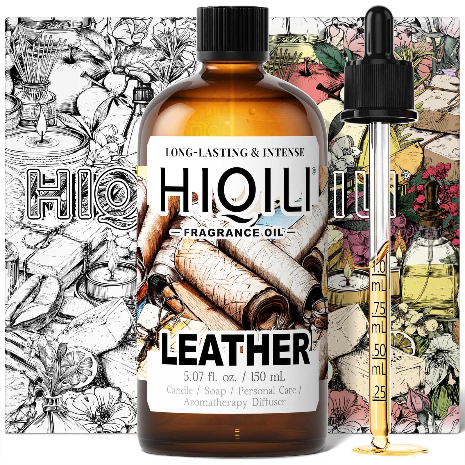 HIQILI leather fragrance oil bottle for bold, lasting aroma in DIY projects.