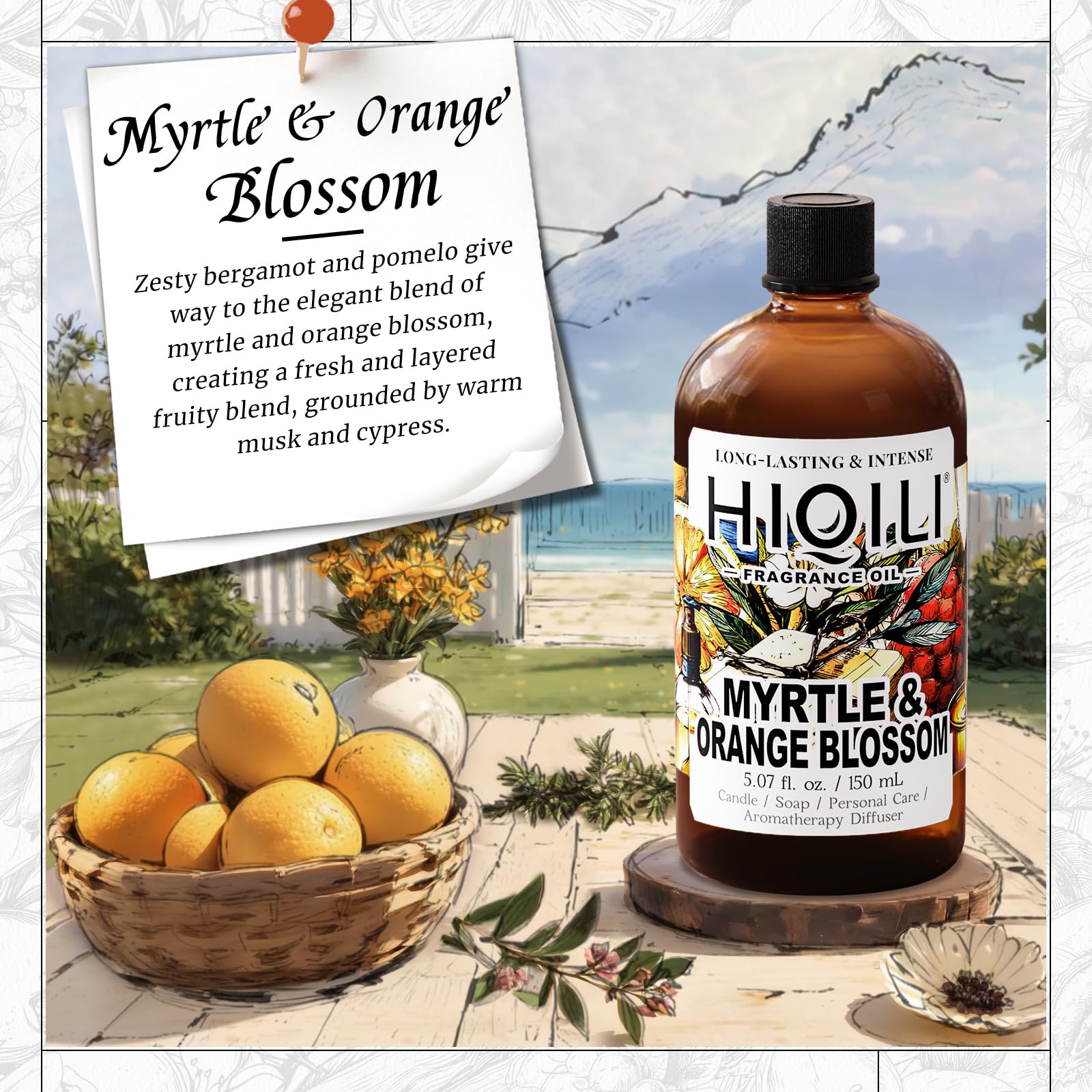 Close-up of HIQILI label highlighting citrus floral notes for candles and soaps