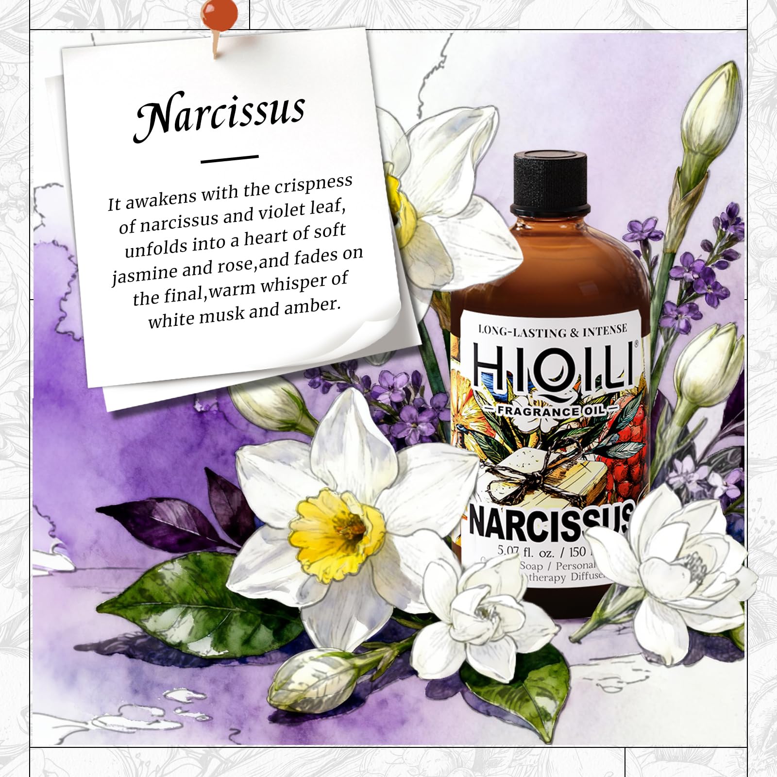 HIQILI Narcissus Fragrance Oil diffuser drops create a serene, blooming room atmosphere.