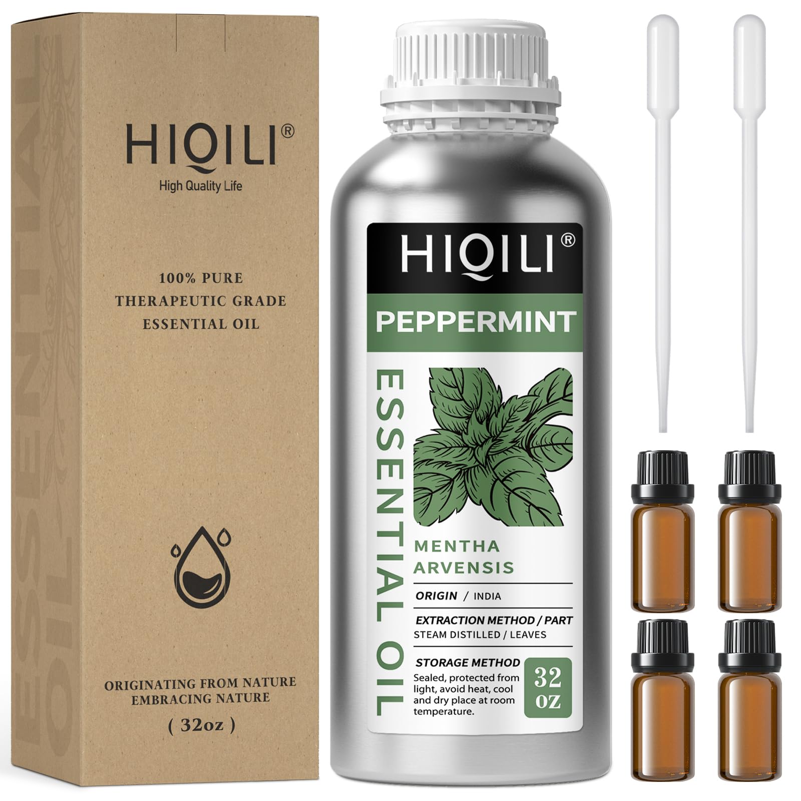HIQILI Peppermint Essential Oil bottle showing pure mint aroma for air freshening and DIY projects