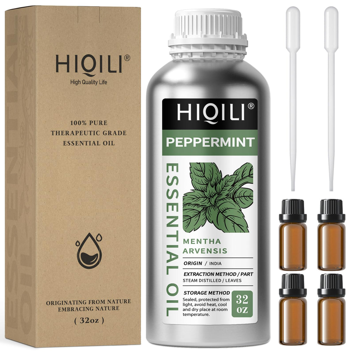 HIQILI Peppermint Essential Oil bottle showing pure mint aroma for air freshening and DIY projects