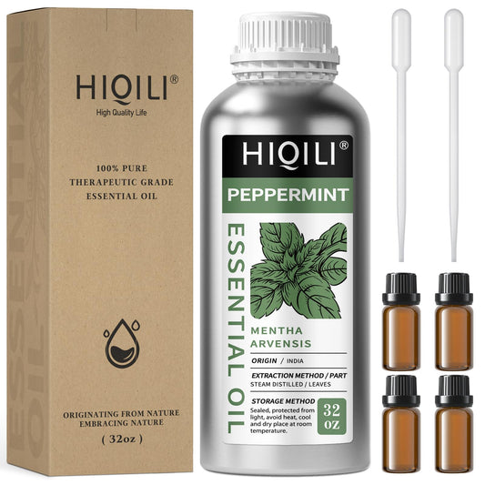 HIQILI Peppermint Essential Oil bottle showing pure mint aroma for air freshening and DIY projects