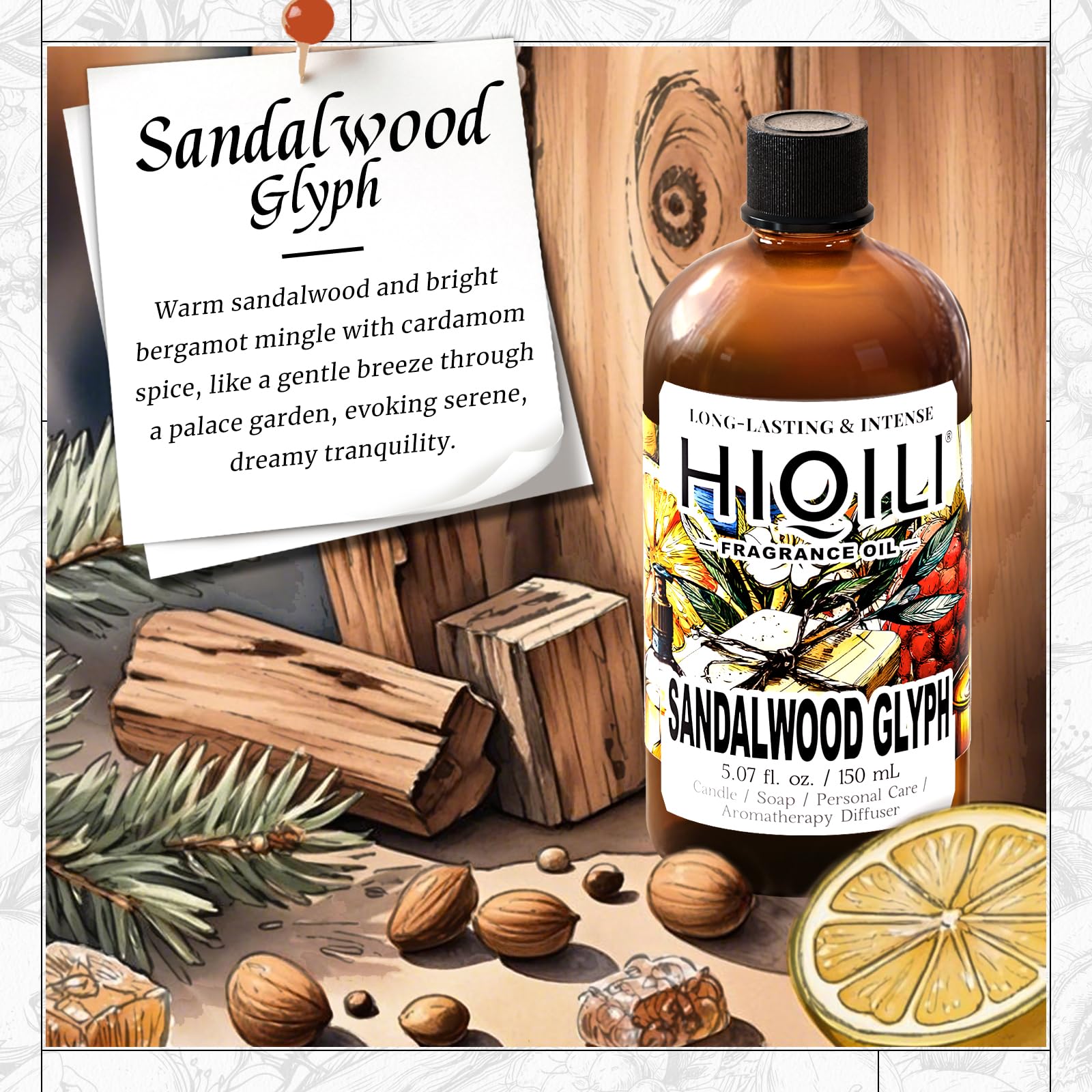 HIQILI Sandalwood Glyph fragrance oil drops for precise dosing.