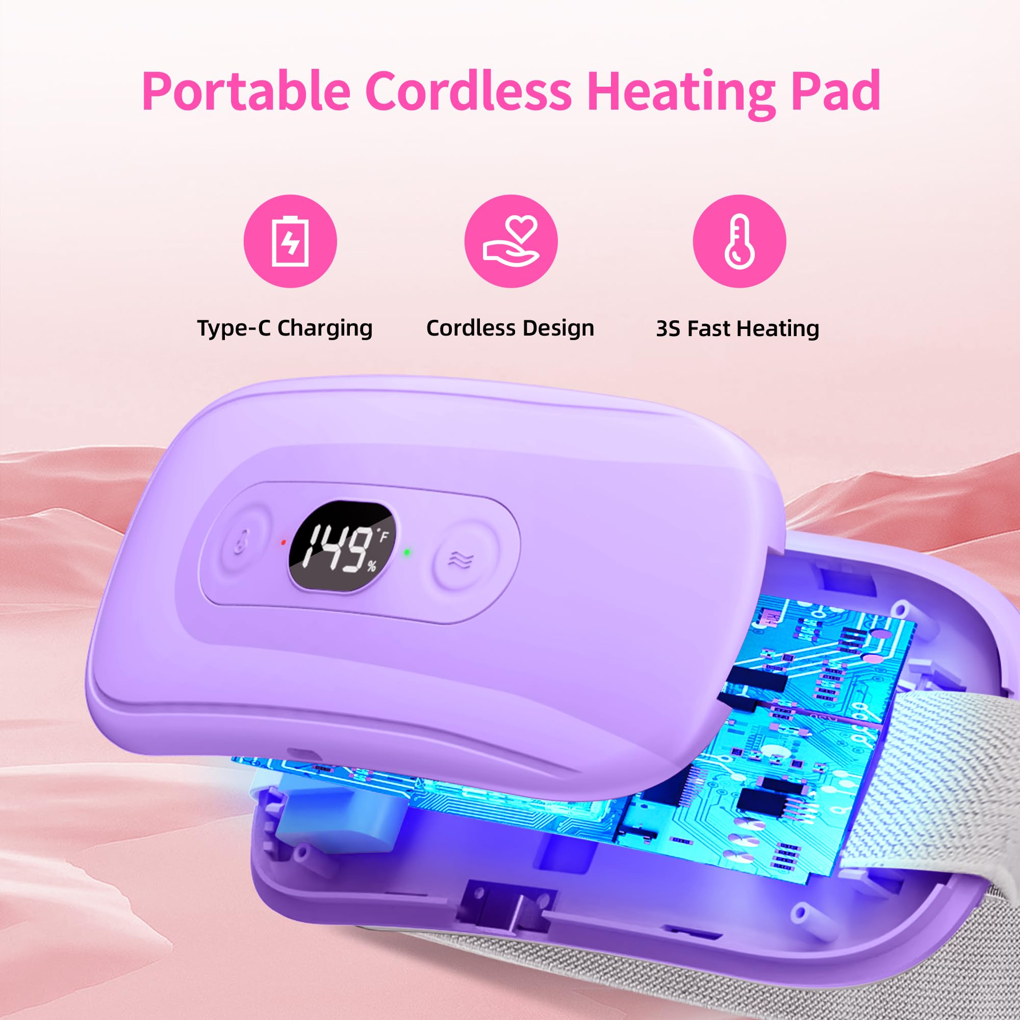 Hirane heating pad 2-timer setting view emphasizes safe, timed warmth.