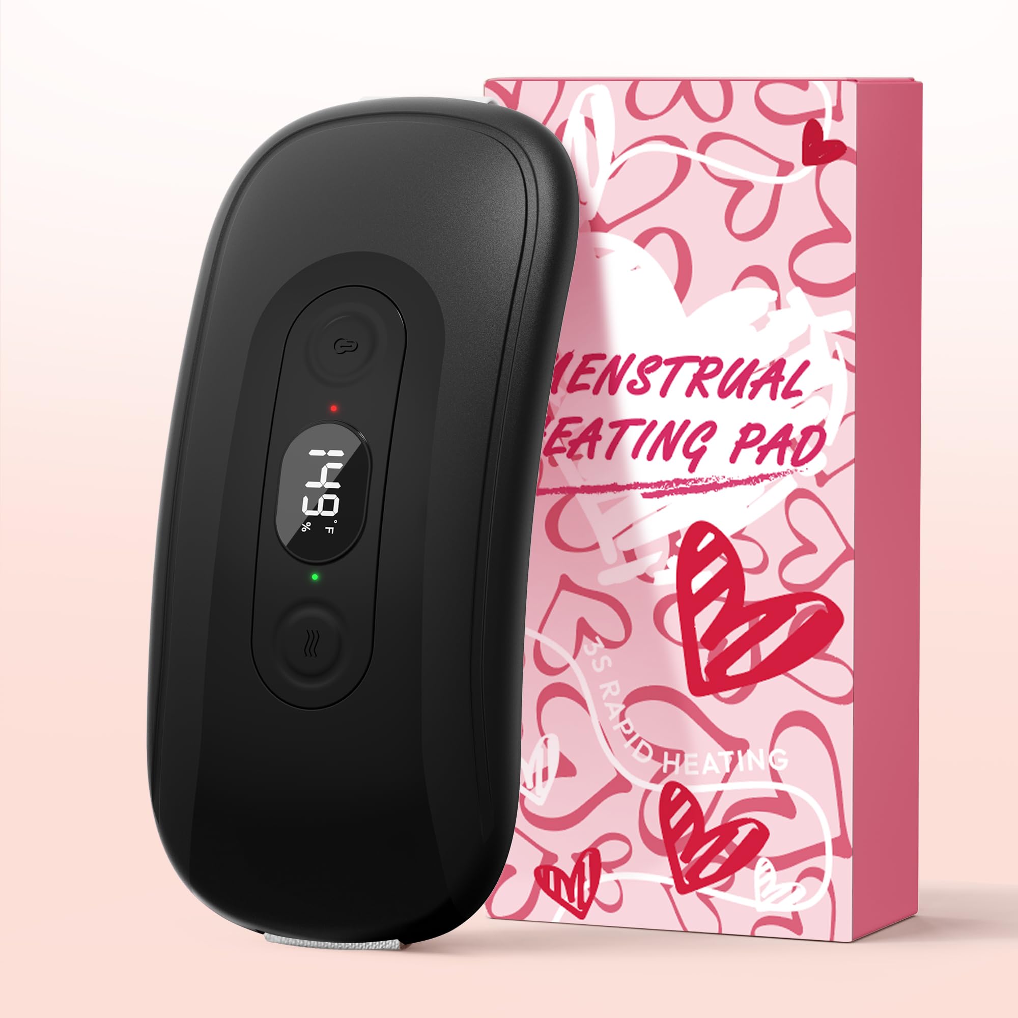 Hirane portable heating pad front view showing compact design for targeted cramps relief on the go