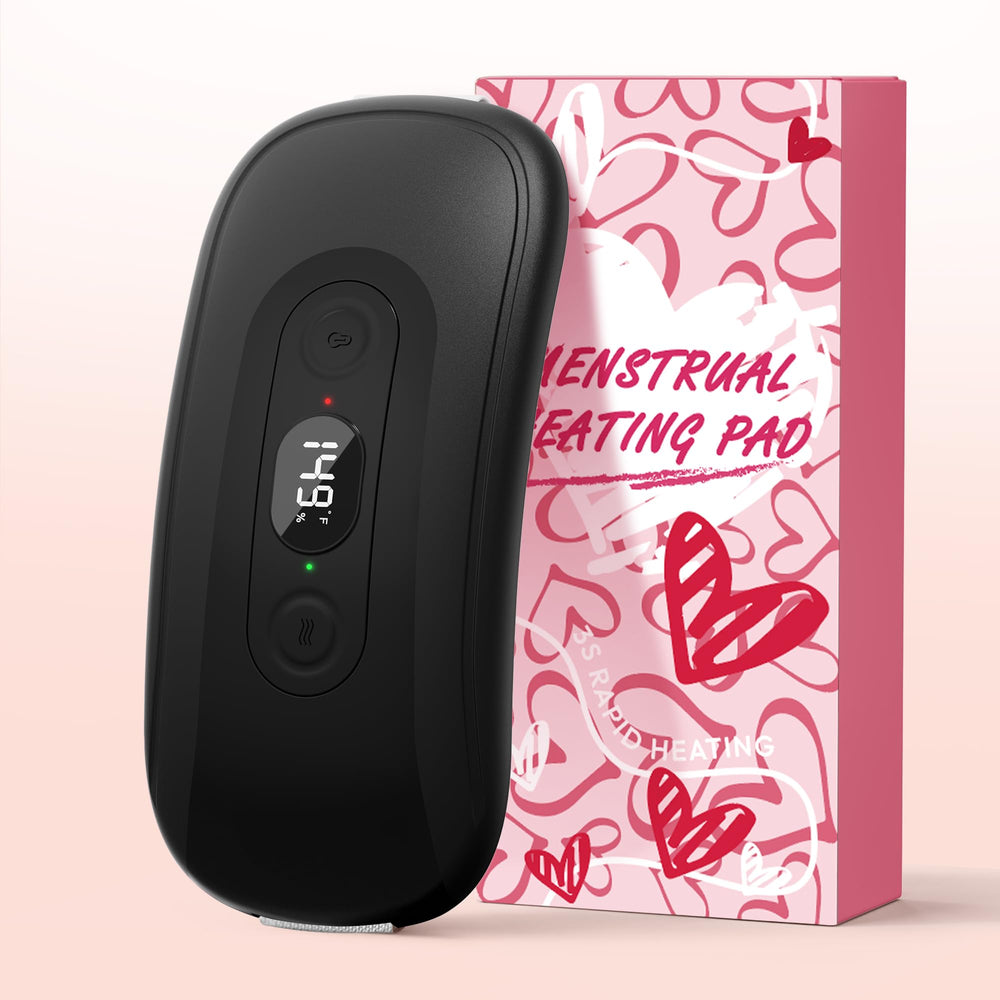 Hirane portable heating pad front view showing compact design for targeted cramps relief on the go