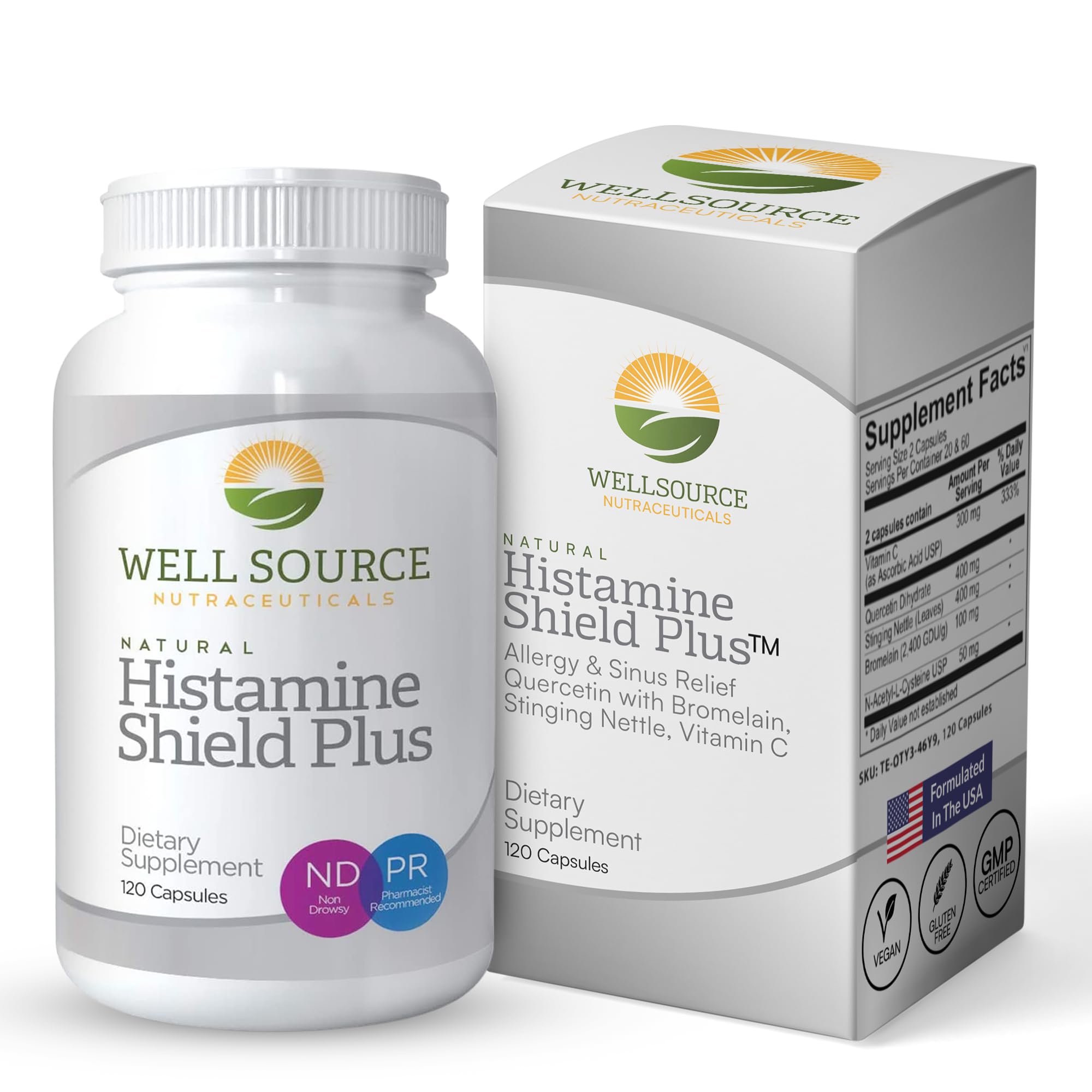 Histamine Shield Plus bottle front view, daily allergy support.