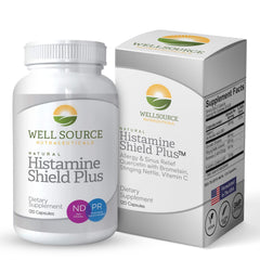 Histamine Shield Plus bottle front view, daily allergy support.