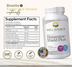 Histamine Shield Plus capsules close-up, potential allergy relief support.