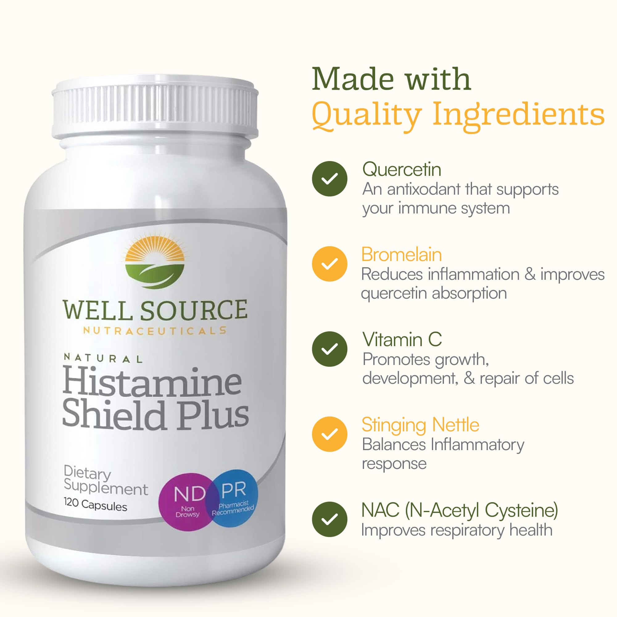 Histamine Shield Plus capsules on desk, easy once-daily dose.