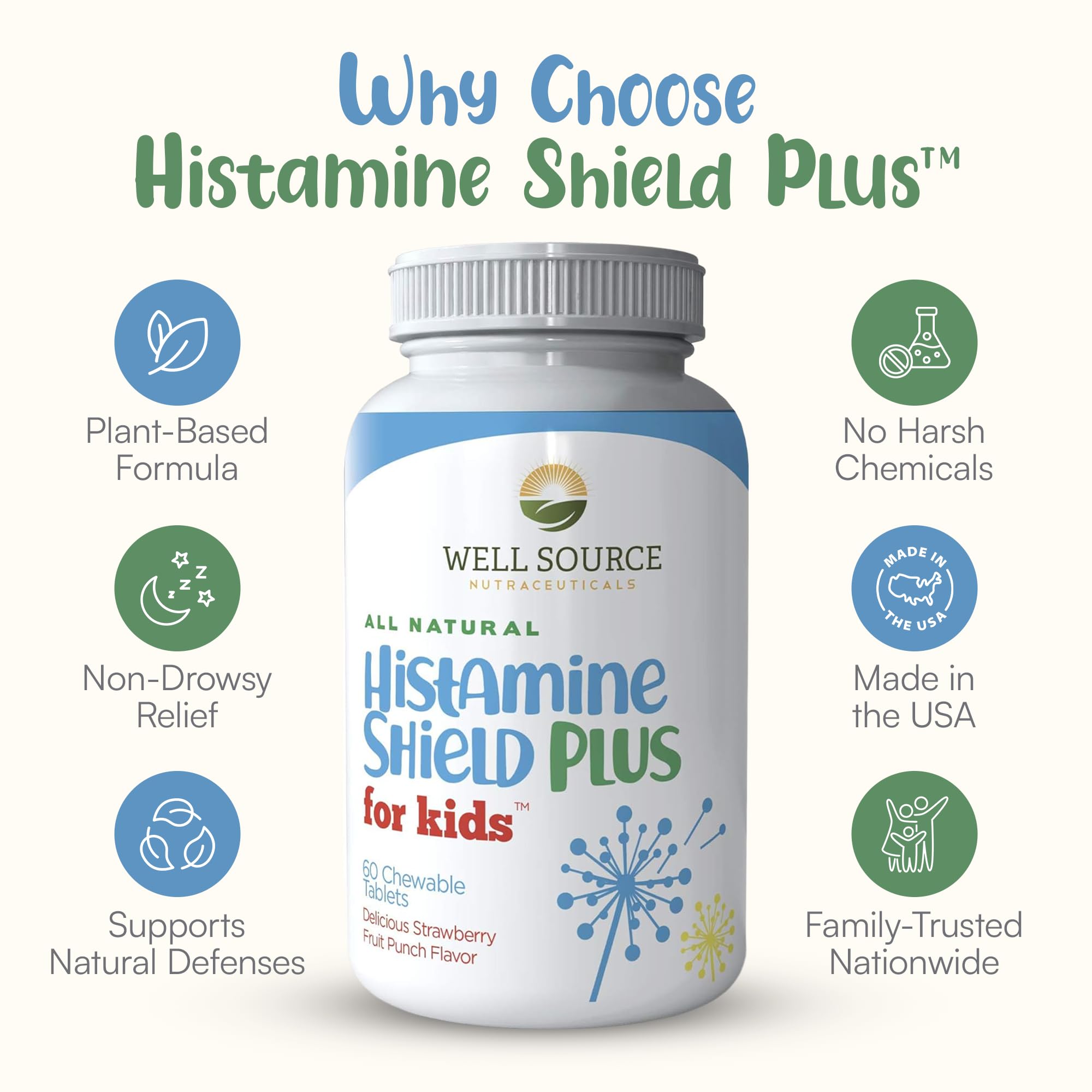 Histamine Shield Plus Kids strawberry fruit punch vibe communicates enjoyable daily routine.