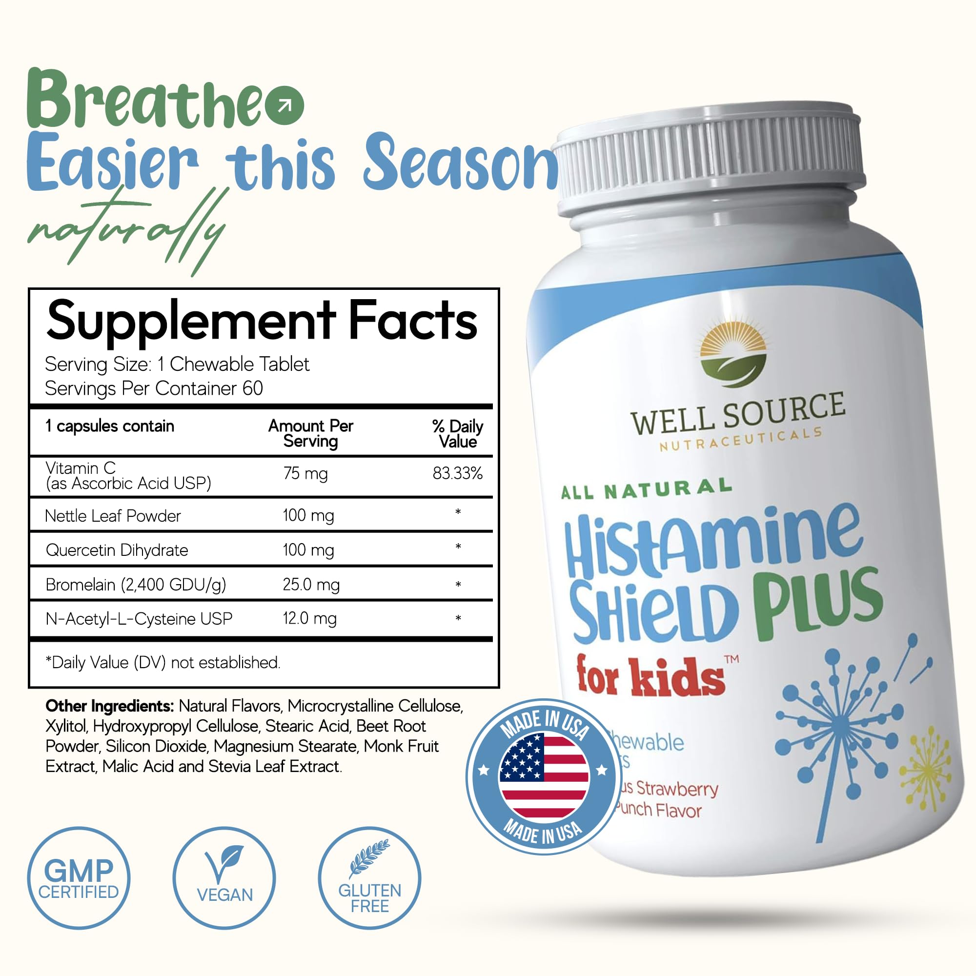 Histamine Shield Plus Kids strawberry table tablets close-up with tasty flavor appealing to kids.