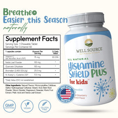 Histamine Shield Plus Kids strawberry table tablets close-up with tasty flavor appealing to kids.