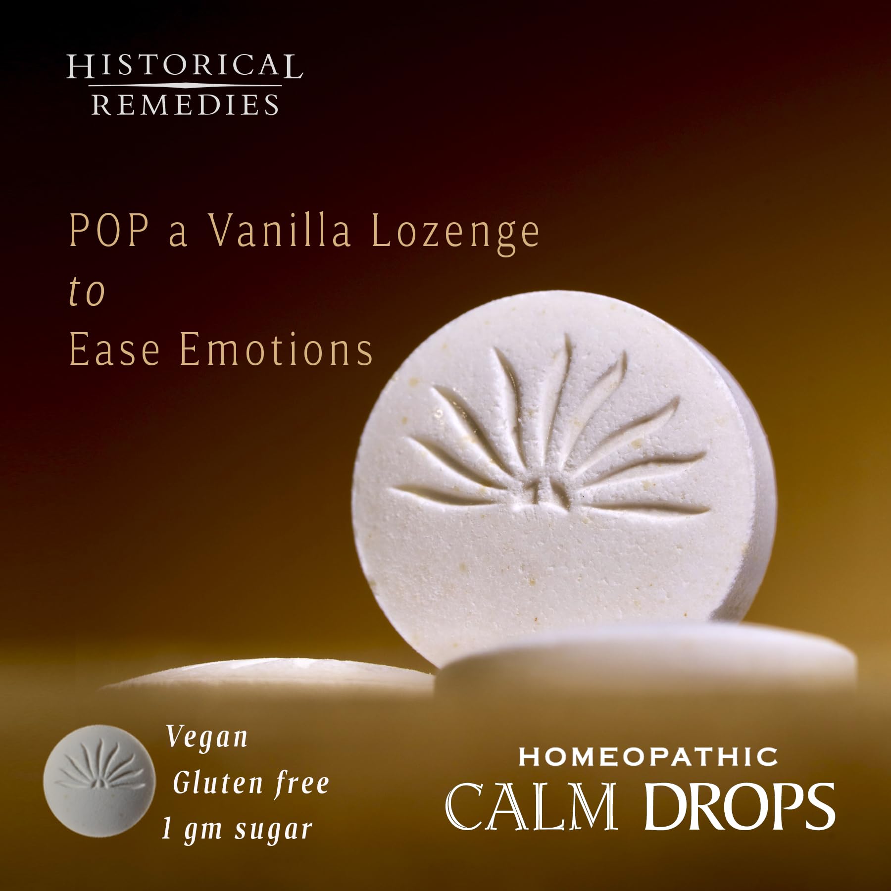 Historical Remedies Calm Drops lozenges in vanilla flavor shown for soothing moments.