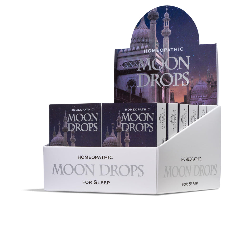 Historical Remedies Moon Drops bottle and packaging soothing nighttime calm and rest.