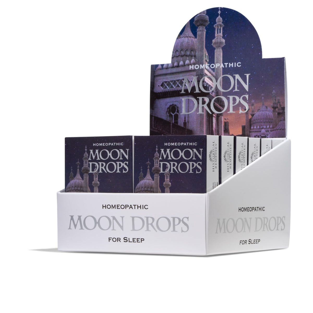 Historical Remedies Moon Drops bottle and packaging soothing nighttime calm and rest.