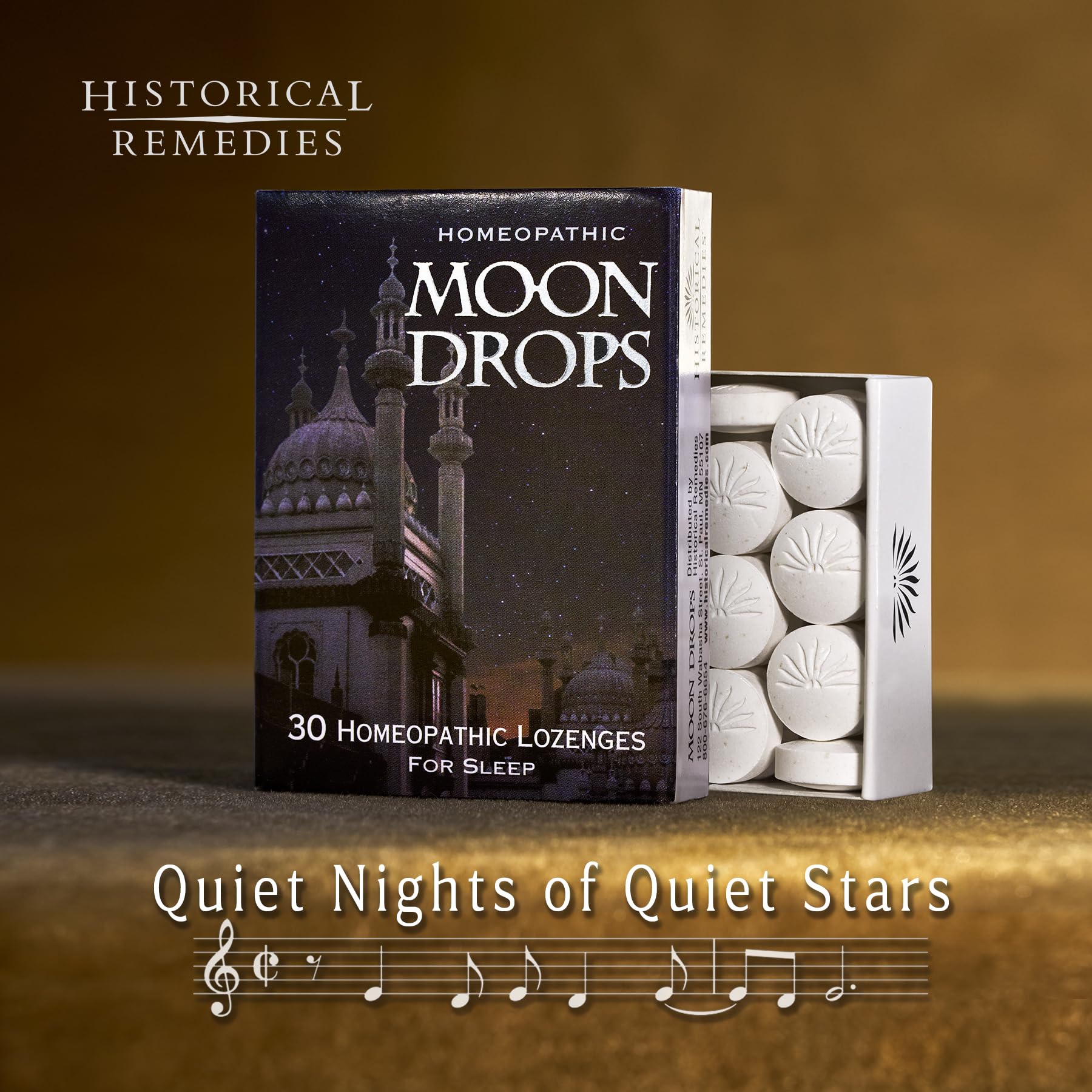 Moon Drops lozenges on kitchen counter offering gentle, non-drowsy sleep support.