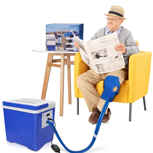 Hiumtree knee ice machine with flexible pad and belts for targeted cooling.