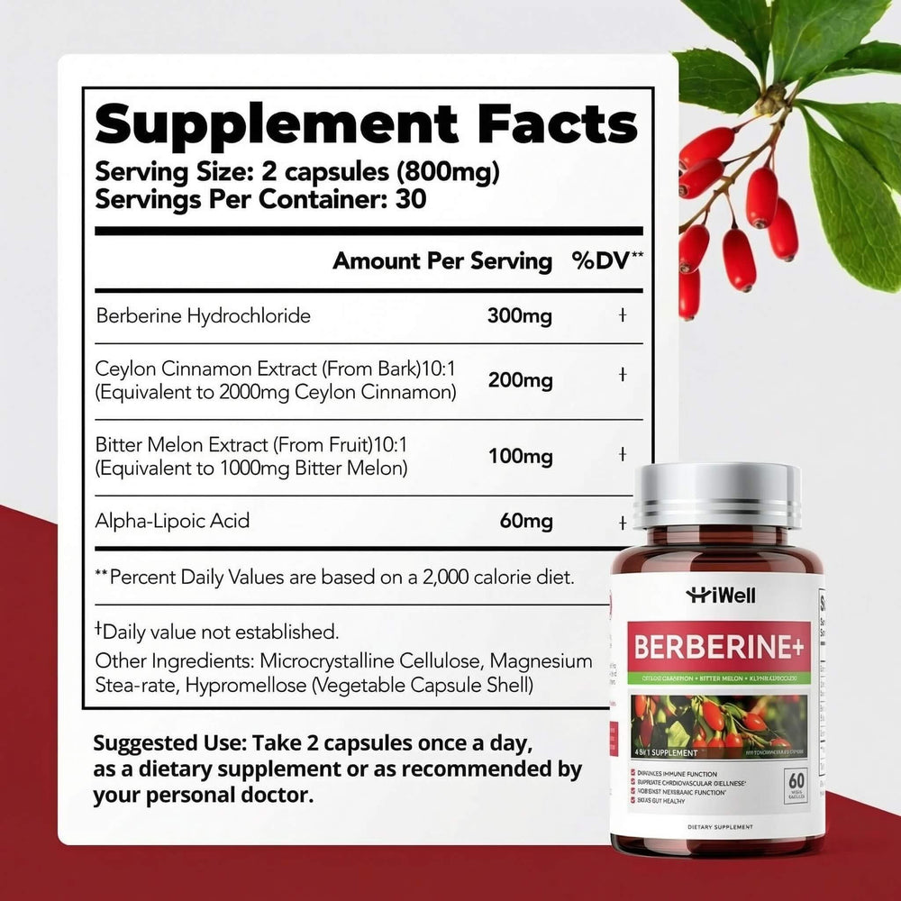HiWell Berberine with 101 extracts emphasizes potent botanical content.