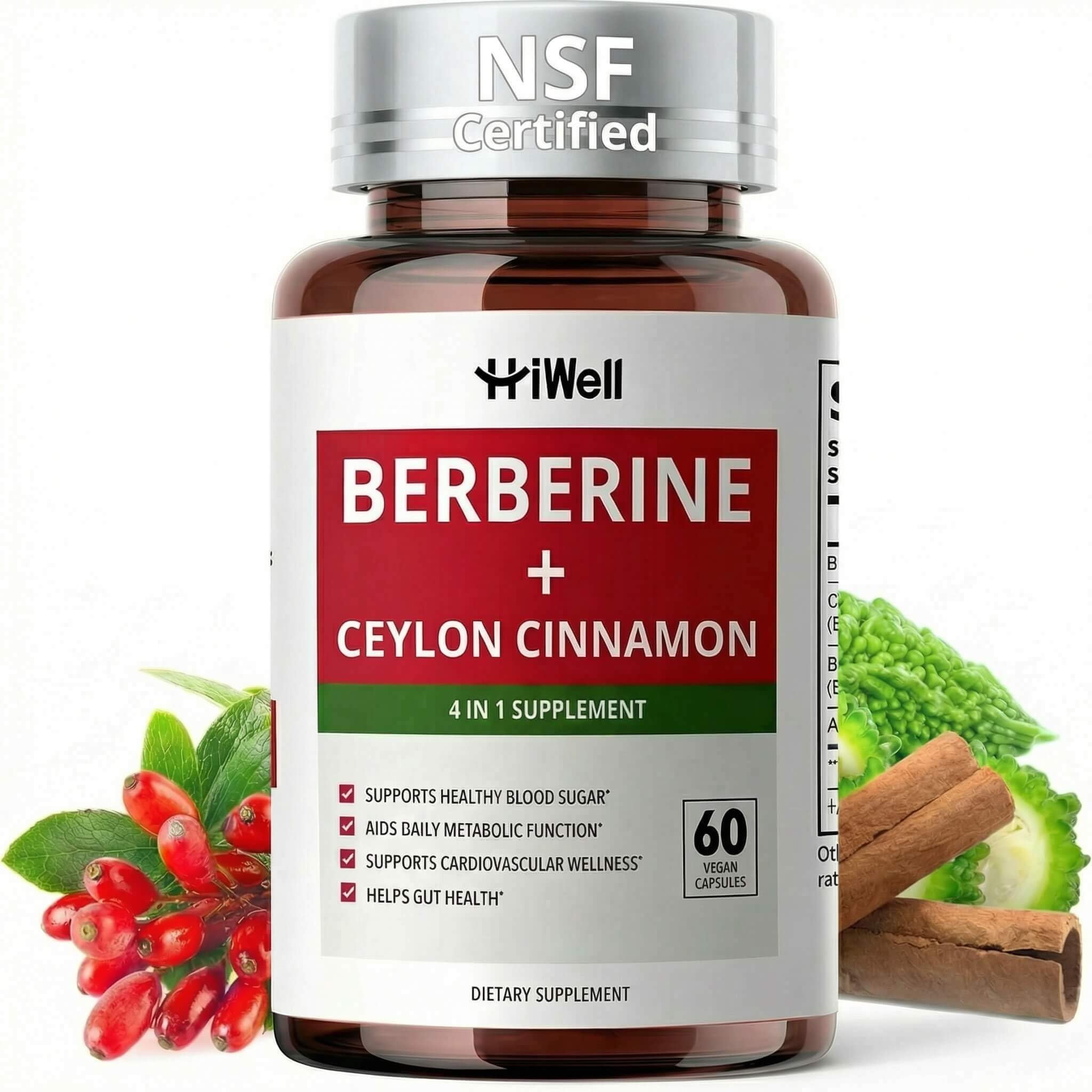 HiWell Berberine bottle on table supports daily metabolic wellness.