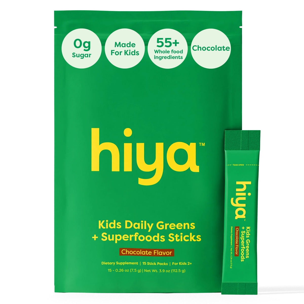 HIYA Kids Greens Powder Chocolate bottle pour shows easy on-the-go nutrition for growing kids
