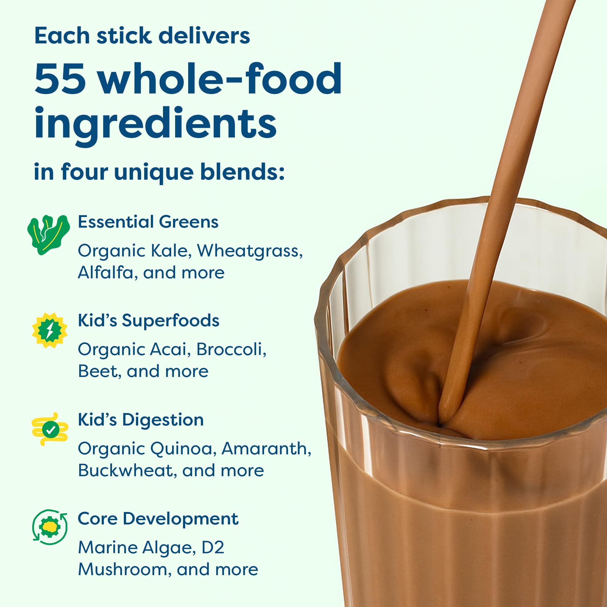 HIYA Kids Greens Powder Chocolate mixed with milk for kid-friendly flavor without sugar