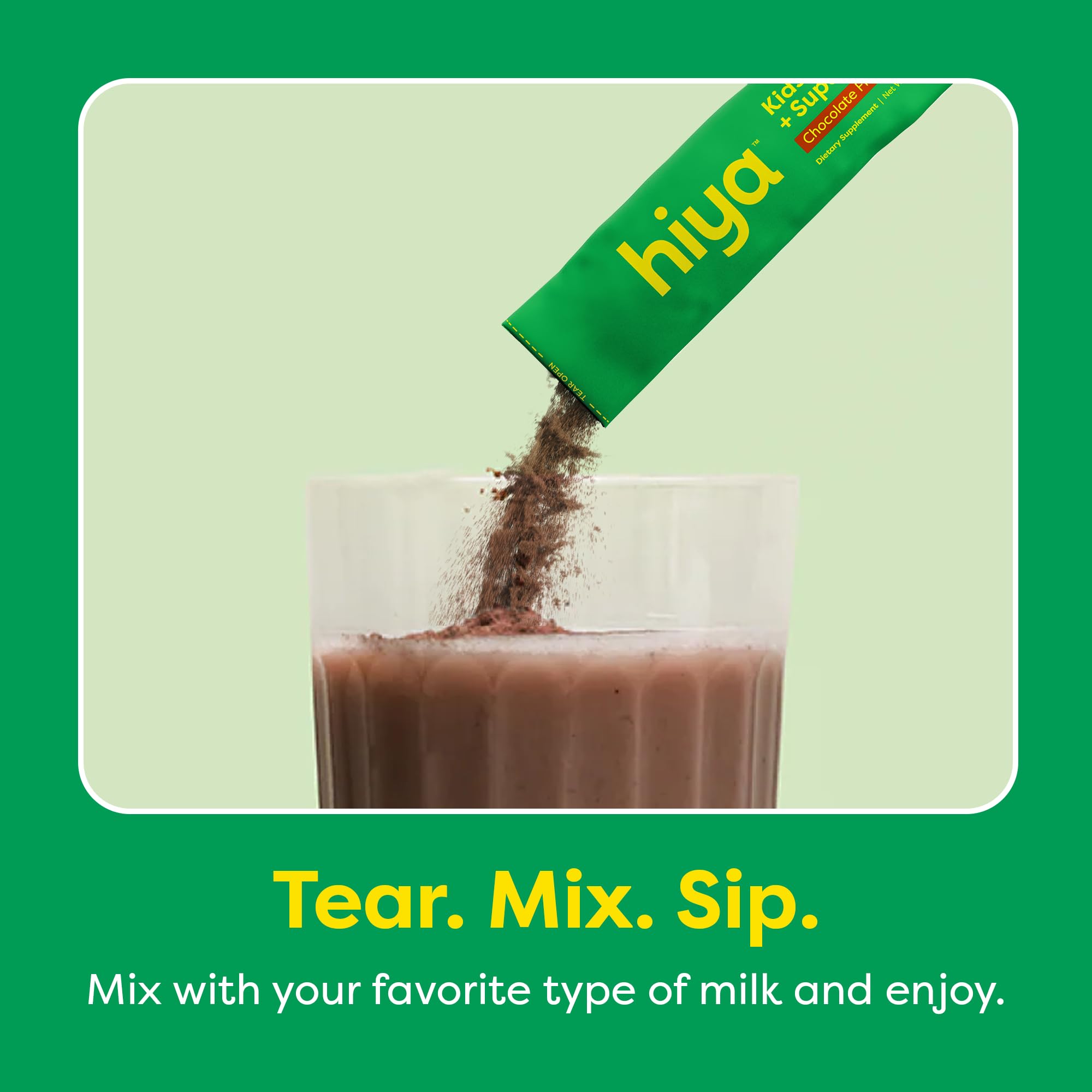 HIYA Kids Greens Vanilla flavor mixed with milk or plant milk for kid-friendly taste