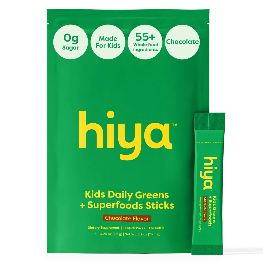 HIYA Kids Greens Powder Sticks vanilla bottle for convenient daily nutrition for growing kids
