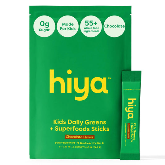 HIYA Kids Greens Powder Sticks vanilla bottle for convenient daily nutrition for growing kids