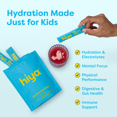 Hiya electrolytes stick pack ready to tear and mix with water.