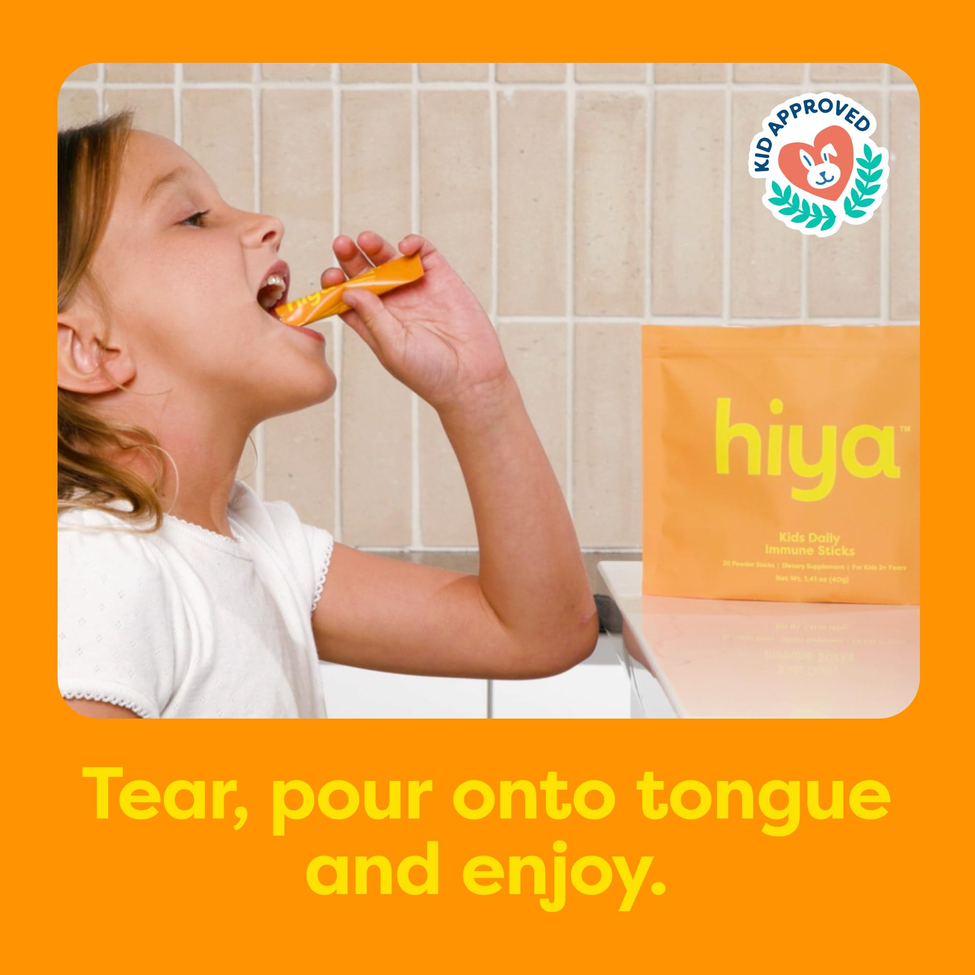 Hiya Kids Immune Support orange flavor image highlights kid friendly taste without sugar