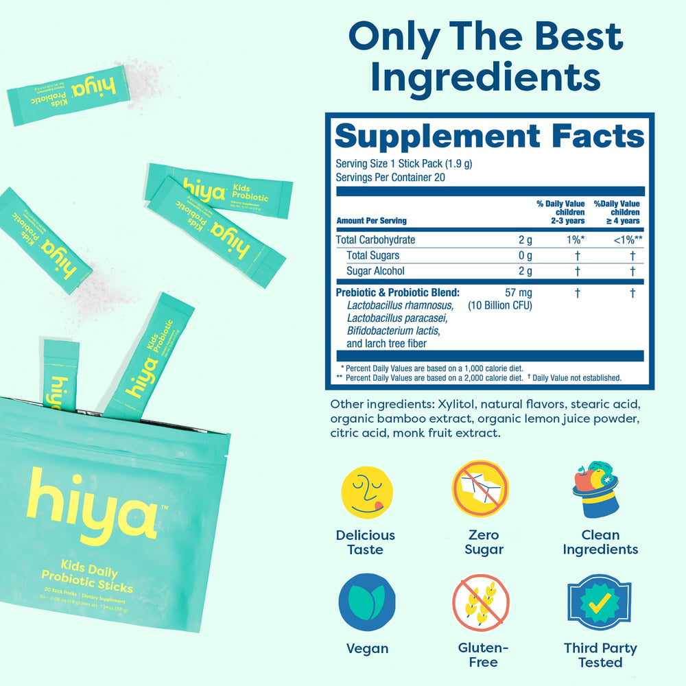 Hiya Kids Probiotic 10B CFU clinically studied strains support digestive balance in kids