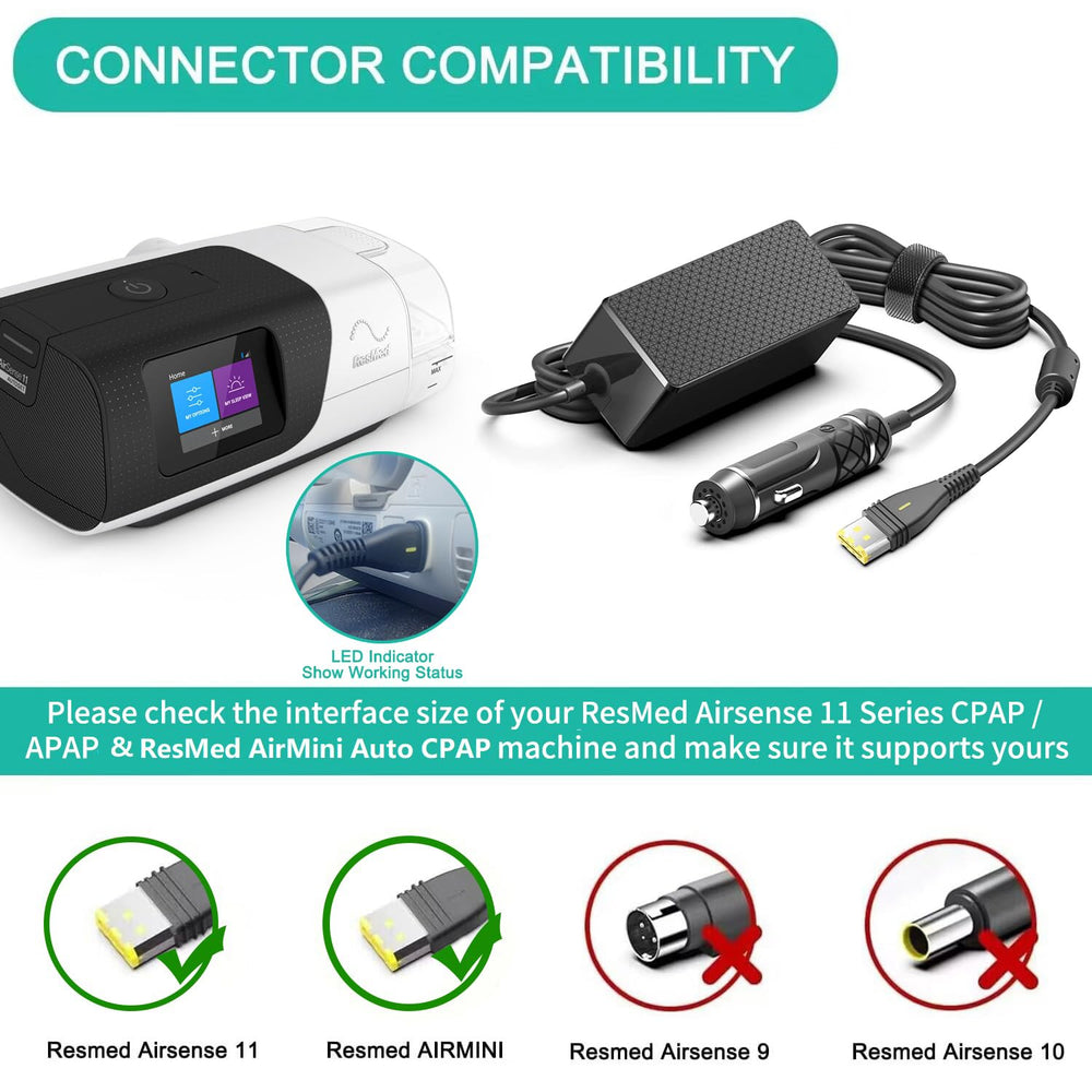 HKY AirSense 11 car charger setup enables on-the-go CPAP power.