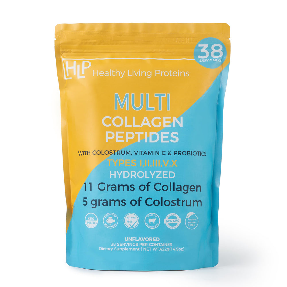 HLP Collagen bottle pouring into a glass for easy daily mixing.