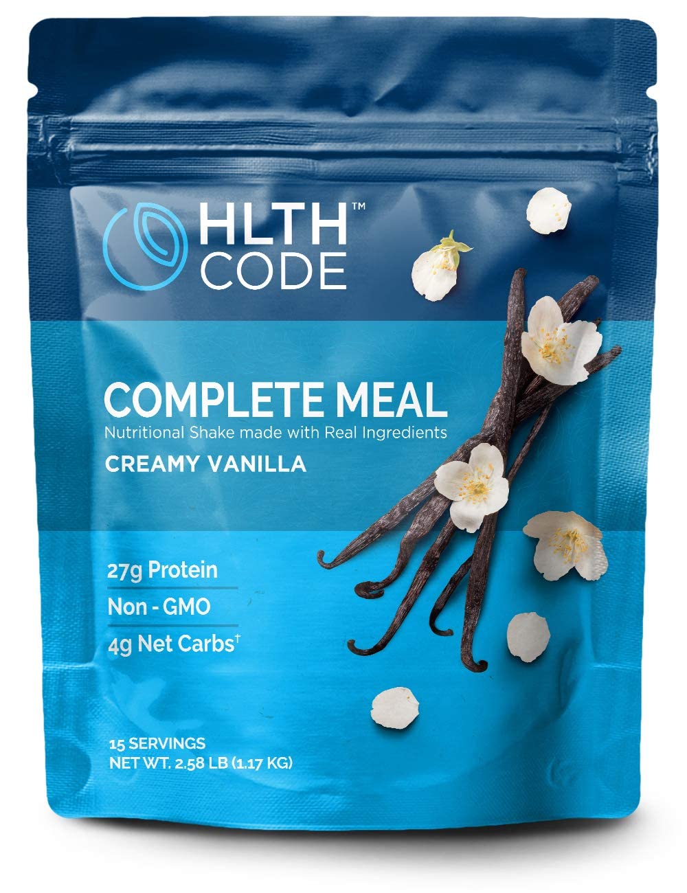 HLTH CODE Complete Meal Replacement Shake bottle being poured for a quick, nutritious meal on busy mornings.