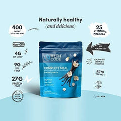 HLTH CODE Complete Meal Replacement Shake ingredients array showcasing keto-friendly protein and fiber.