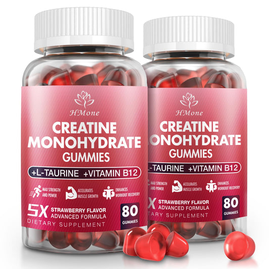 HMone Creatine Monohydrate Gummies strawberry bottle showing convenient packaging and strong muscle support