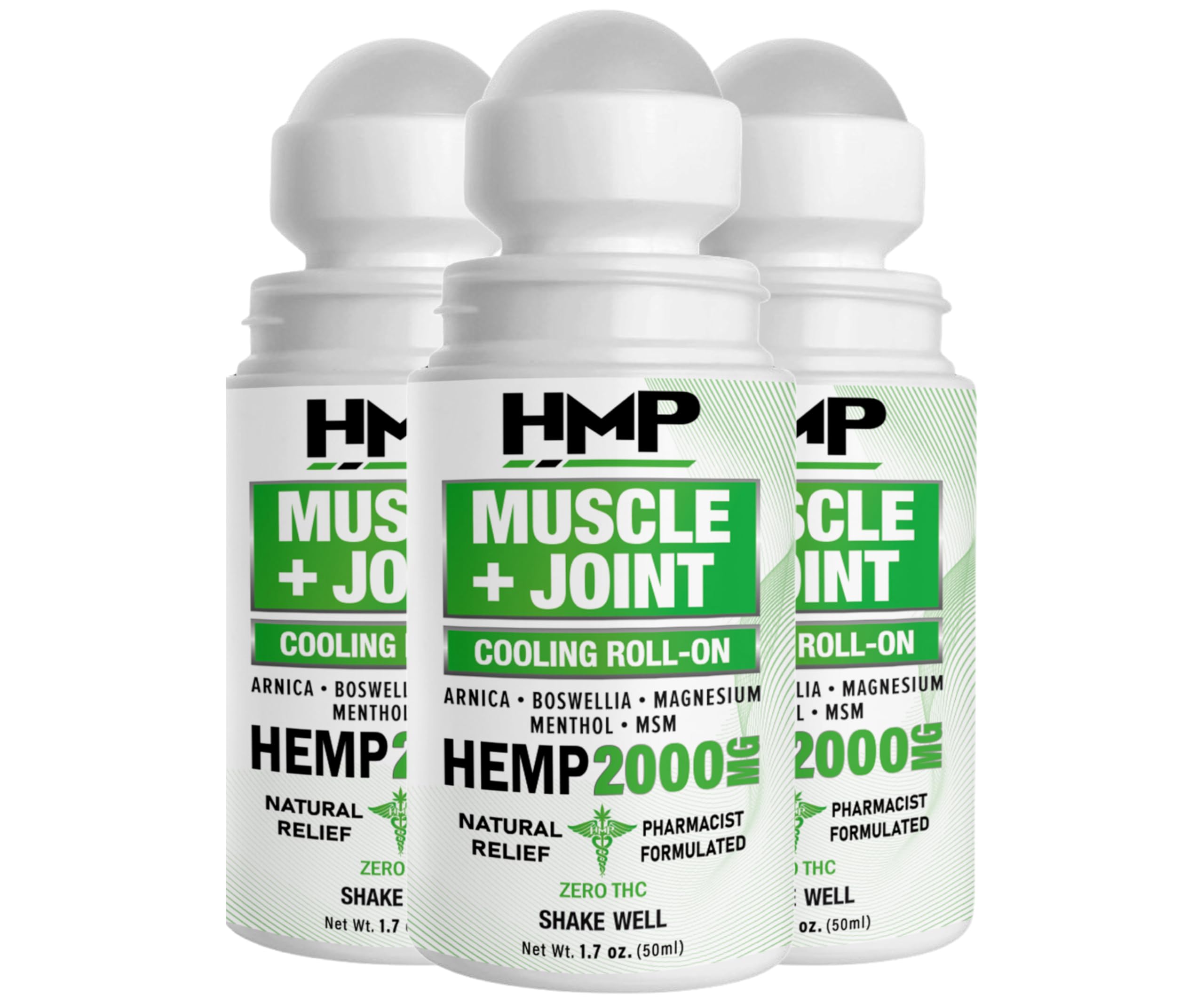 HMP Brands Freeze Pump Muscle and Joint roll-on bottle showing 2000mg hemp extract for quick absorption