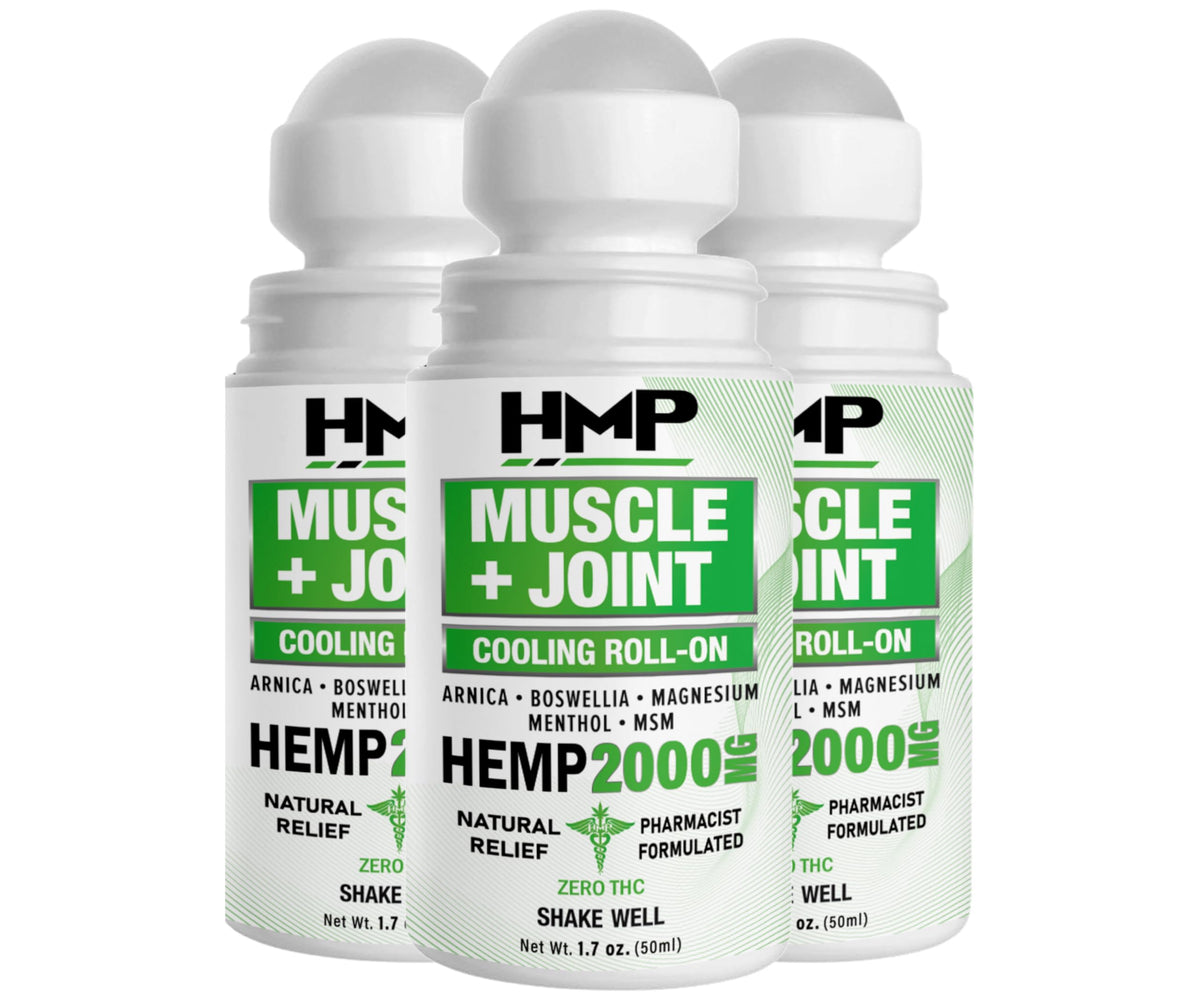HMP Brands Freeze Pump Muscle and Joint roll-on bottle showing 2000mg hemp extract for quick absorption