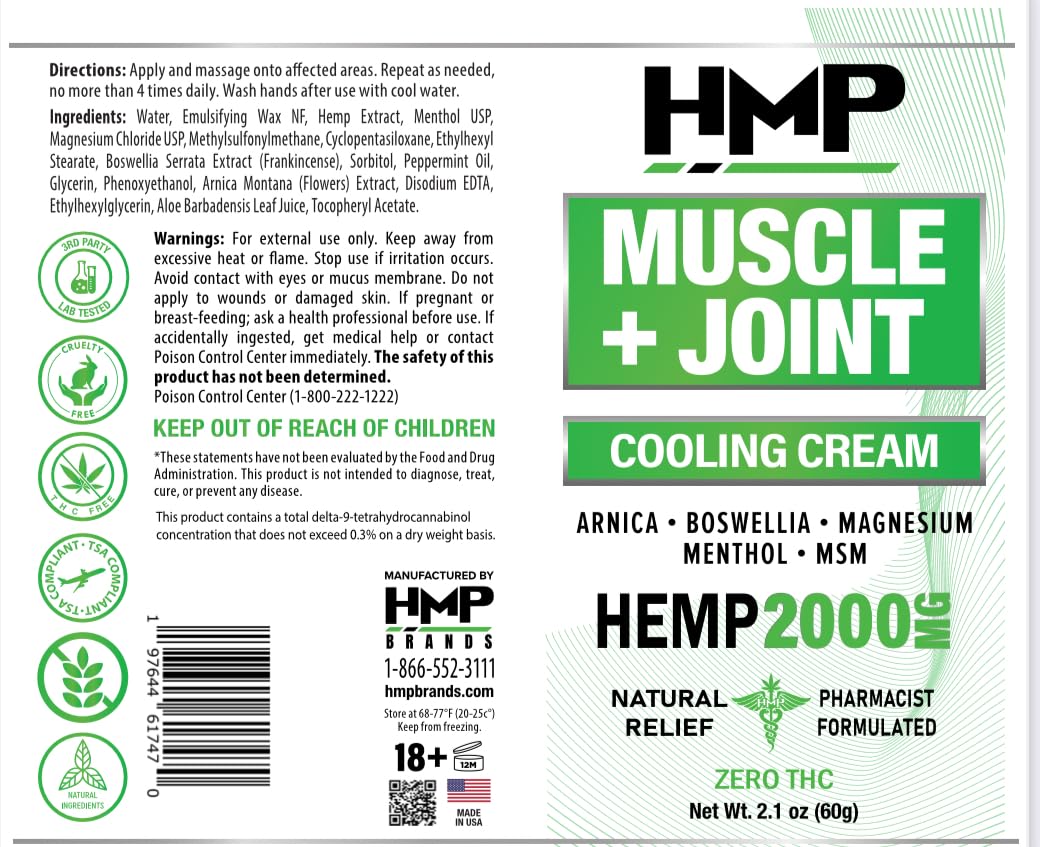 HMP BRANDS Hemp Cream ingredients include Aloe Vera, Vitamin E and Arnica for soothing feel.