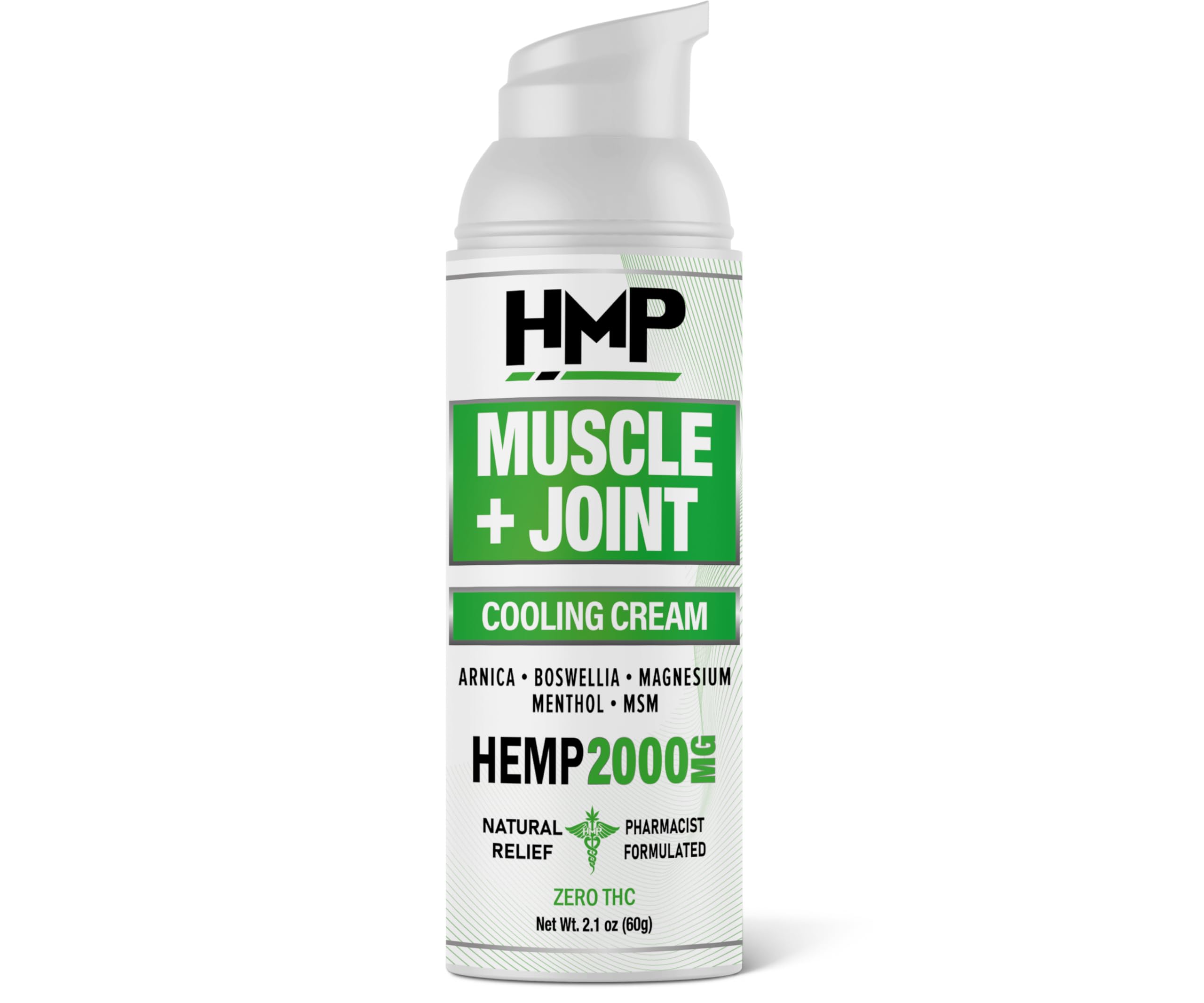 HMP BRANDS hemp cream for muscle and joint relief in pump bottle.