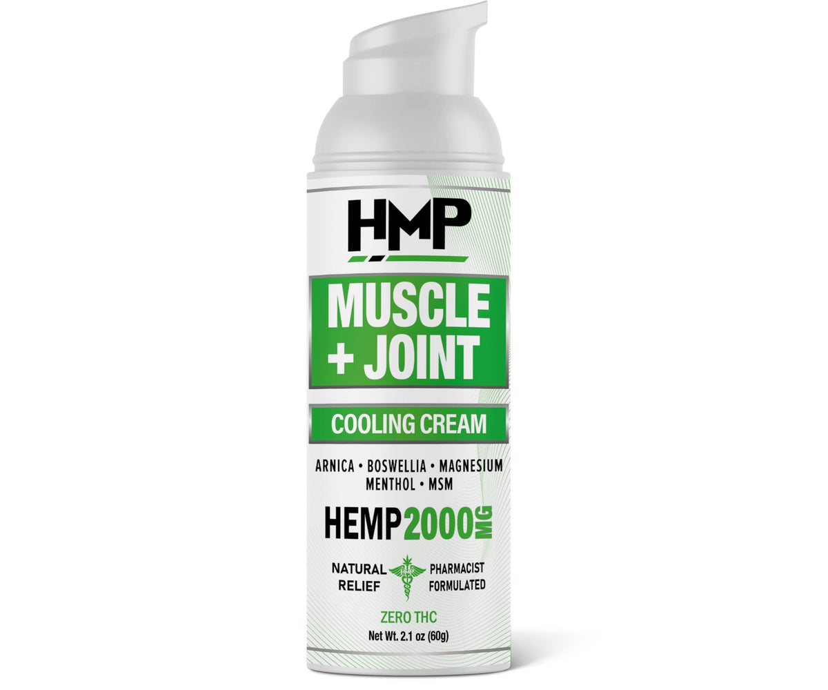 HMP BRANDS hemp cream for muscle and joint relief in pump bottle.