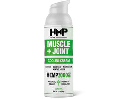 HMP BRANDS hemp cream for muscle and joint relief in pump bottle.