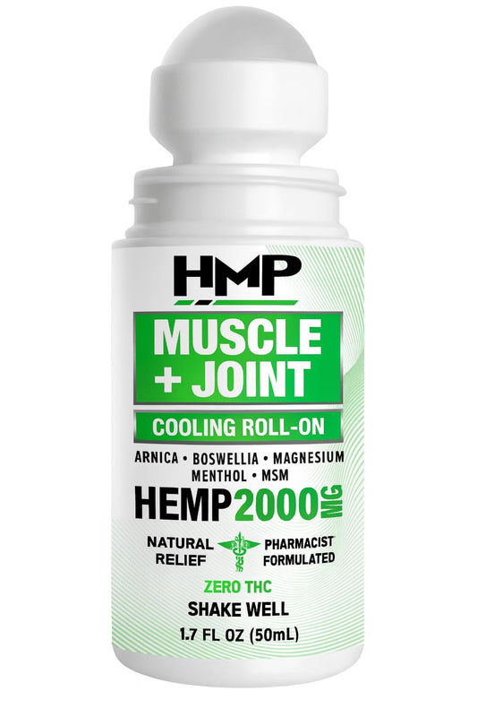 HMP Brands Muscle & Joint Cooling Roll-On with 2000mg hemp extract for targeted relief.