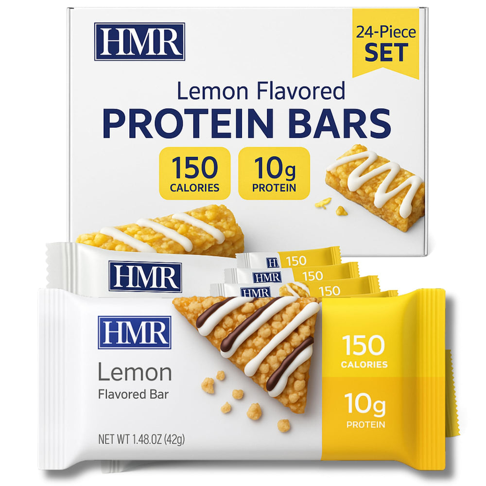 HMR Lemon Protein Bar front view with yogurt drizzle and 10g protein per bar.