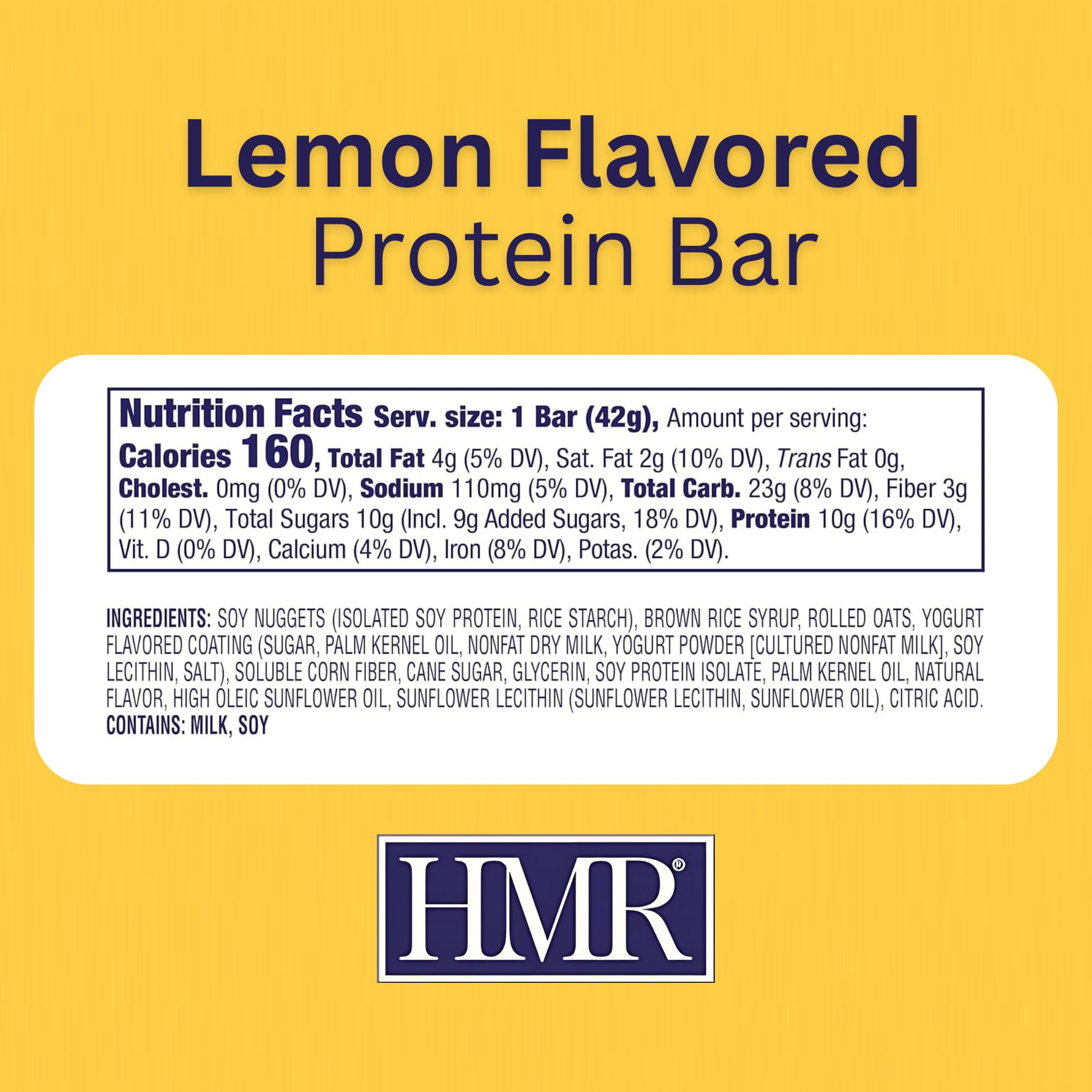 HMR Lemon Protein Bar close-up showing lemon flavor and soft, chewy texture.