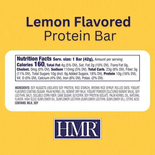 HMR Lemon Protein Bar close-up showing lemon flavor and soft, chewy texture.
