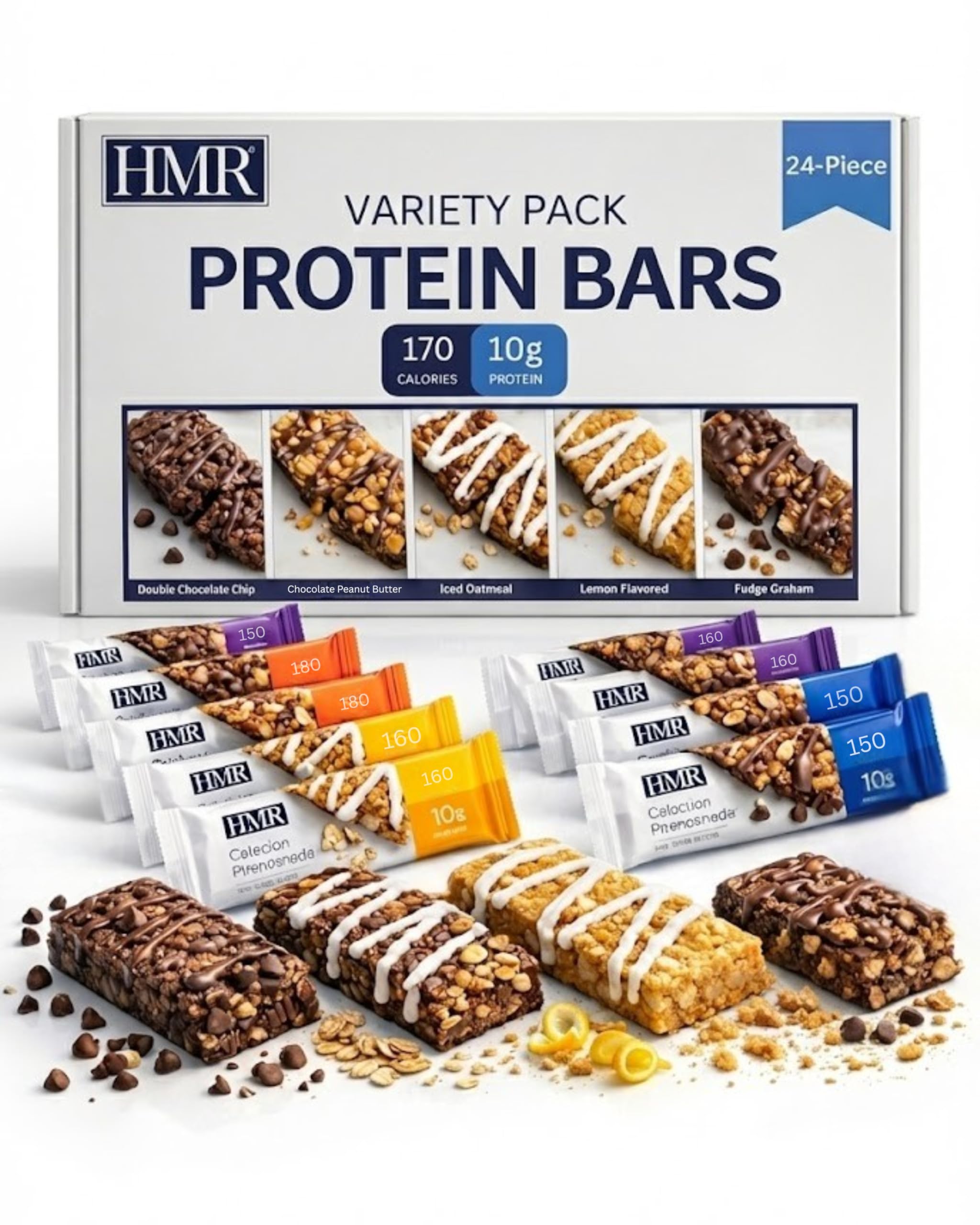 HMR Bar variety pack front view highlights five flavors for guilt-free snacking.