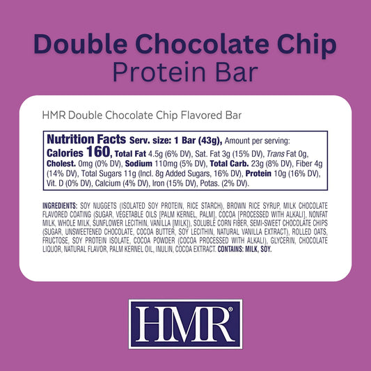HMR Bars Double Chocolate Chip bar close-up highlighting chewy texture.